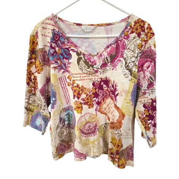 Cj Banks Sz 1X Women Multi Floral V Neck 3/4 Sleeve Shirt - Picture 1 of 8